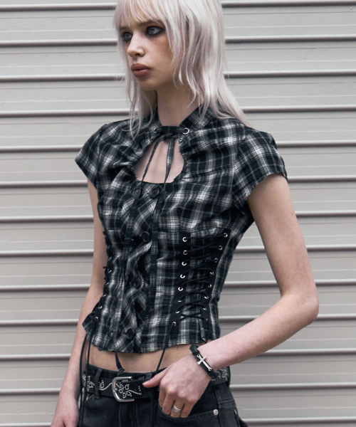 Double Lace Up Blouse (CHECK)