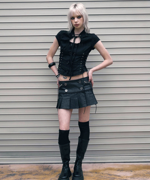Double Lace Up Blouse (BLACK)