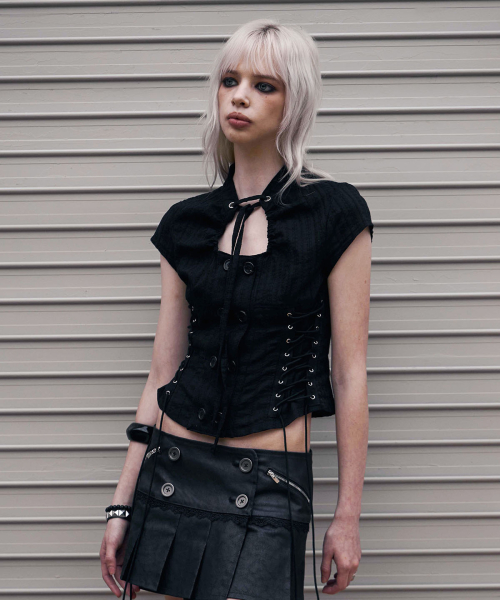 Double Lace Up Blouse (BLACK)