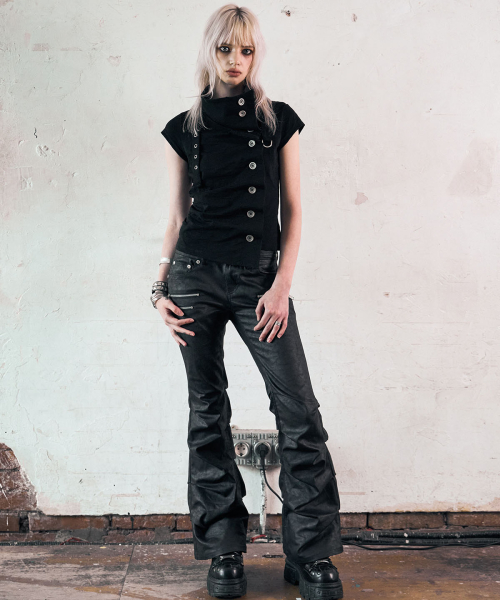 Drape Button Shirring Top (BLACK)