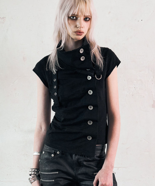 Drape Button Shirring Top (BLACK)