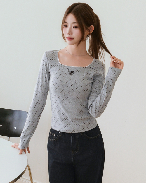 SQUARE NECK DOT LONG SLEEVE [GRAY]
