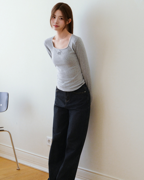SQUARE NECK DOT LONG SLEEVE [GRAY]