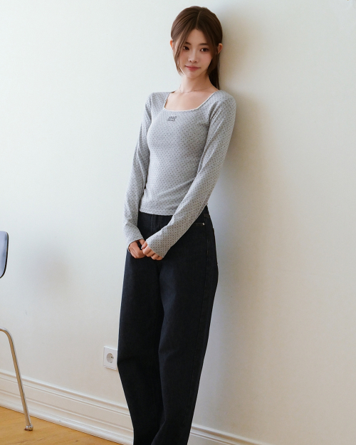 SQUARE NECK DOT LONG SLEEVE [GRAY]
