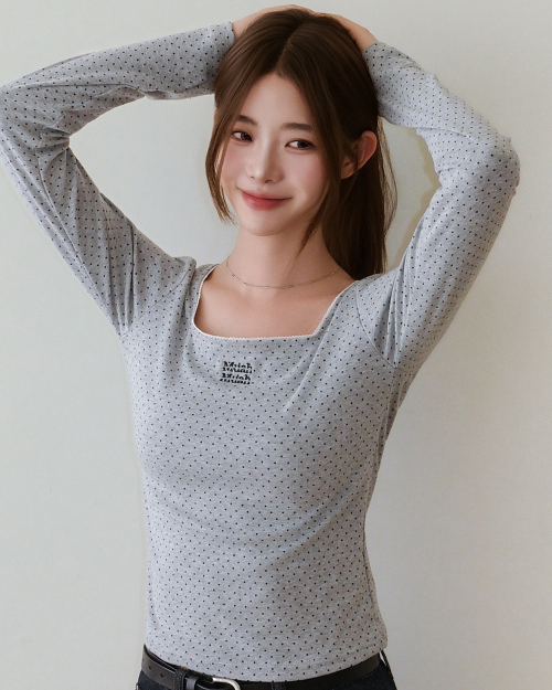 SQUARE NECK DOT LONG SLEEVE [GRAY]