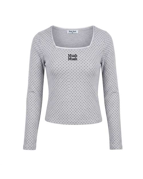 SQUARE NECK DOT LONG SLEEVE [GRAY]