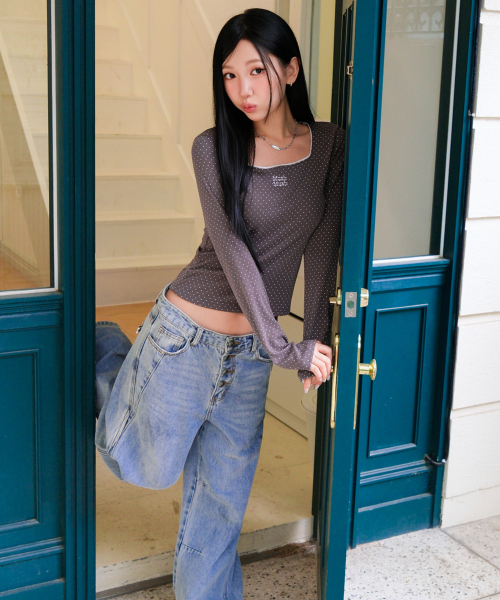 SQUARE NECK DOT LONG SLEEVE [CHARCOAL]