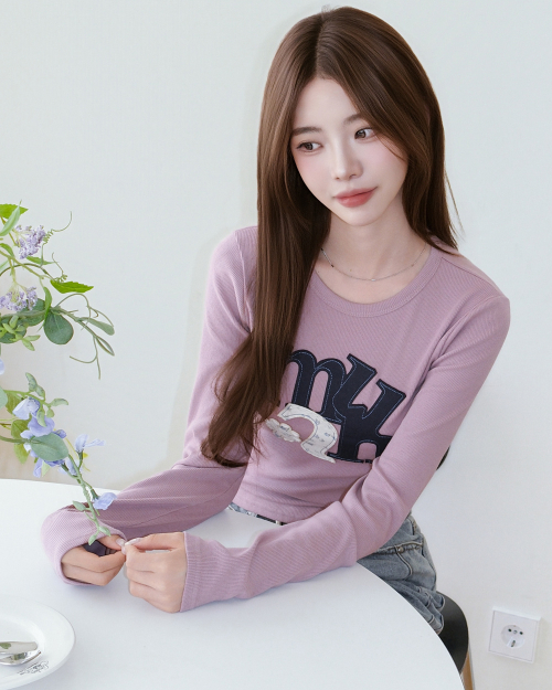 A FLOWER APPLIQUE PATCH LONG SLEEVE [ROSE PINK]