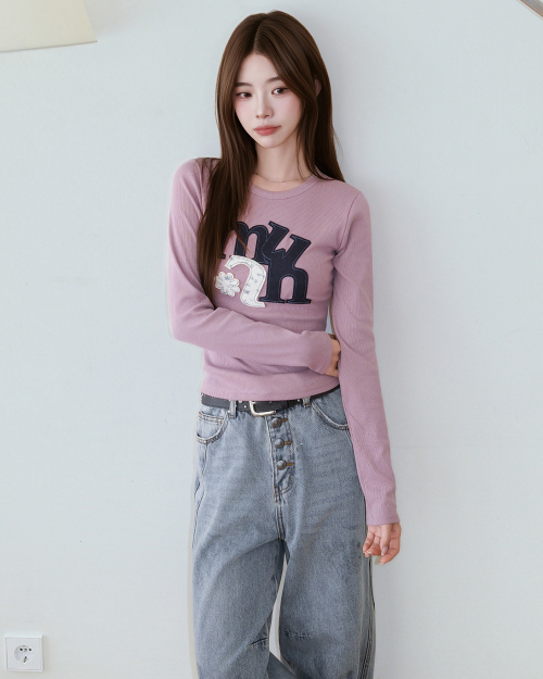 A FLOWER APPLIQUE PATCH LONG SLEEVE [ROSE PINK]