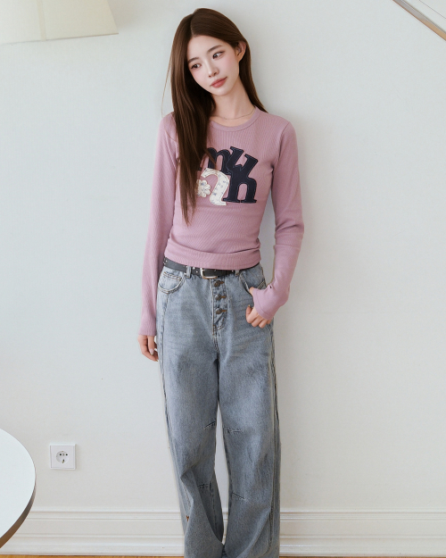 A FLOWER APPLIQUE PATCH LONG SLEEVE [ROSE PINK]