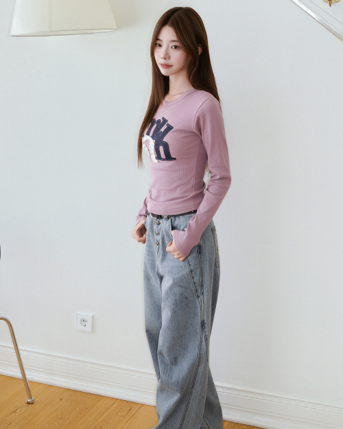 A FLOWER APPLIQUE PATCH LONG SLEEVE [ROSE PINK]