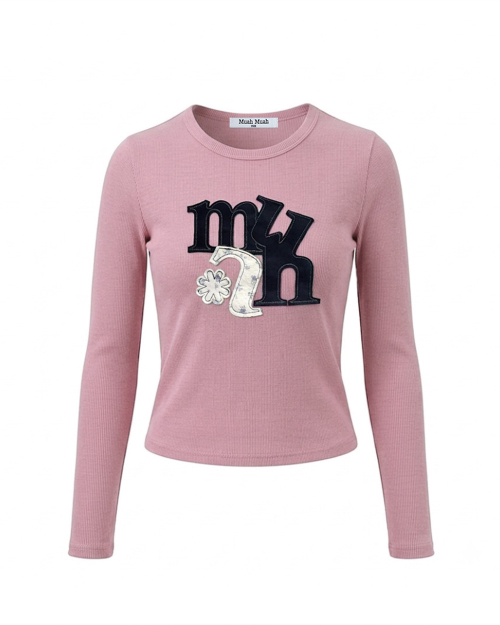 A FLOWER APPLIQUE PATCH LONG SLEEVE [ROSE PINK]