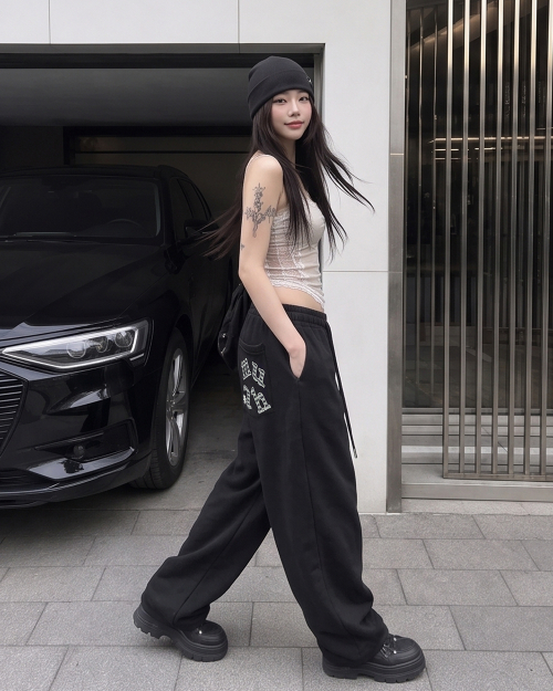 PATCH POCKET WIDE BANDING PANTS [BLACK]