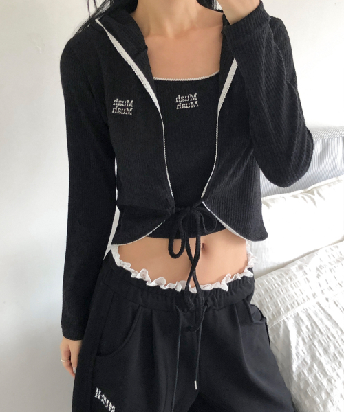 LACE WAIST WIDE BANDING PANTS [BLACK]