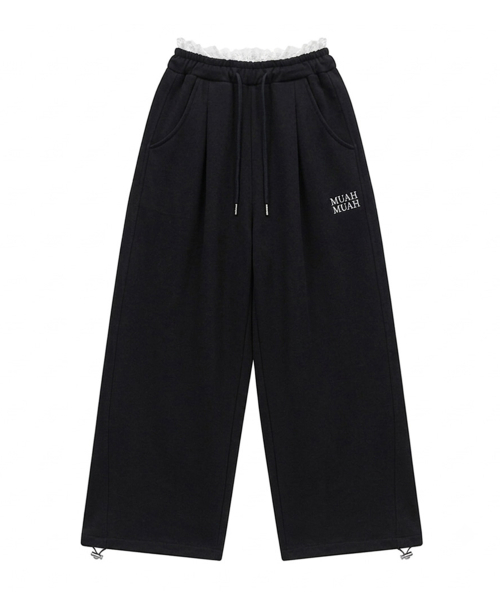LACE WAIST WIDE BANDING PANTS [BLACK]