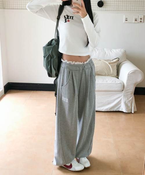 LACE WAIST WIDE BANDING PANTS [GRAY]