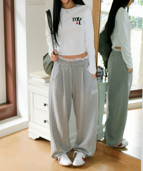 LACE WAIST WIDE BANDING PANTS [GRAY]
