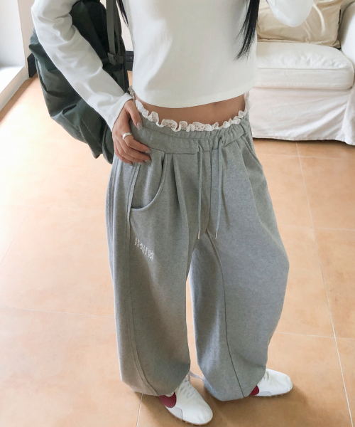 LACE WAIST WIDE BANDING PANTS [GRAY]