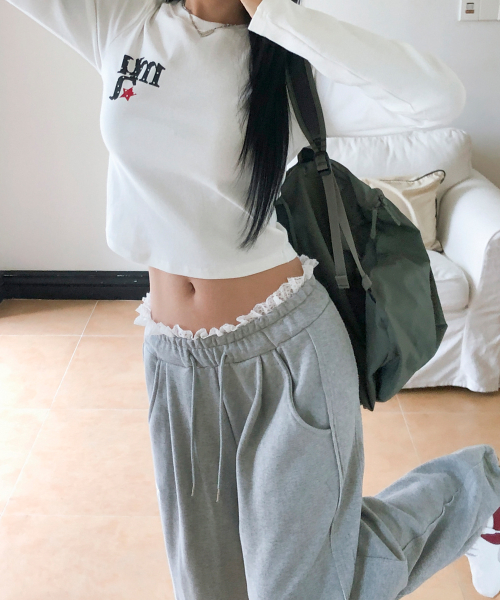 LACE WAIST WIDE BANDING PANTS [GRAY]