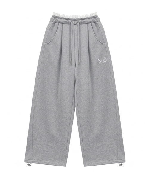 LACE WAIST WIDE BANDING PANTS [GRAY]