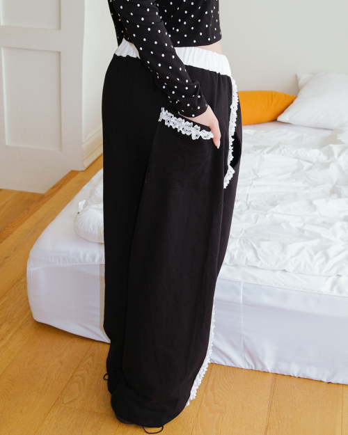LACE BAND WIDE BANDING PANTS [BLACK]