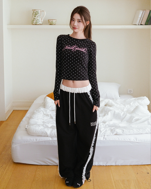 LACE BAND WIDE BANDING PANTS [BLACK]