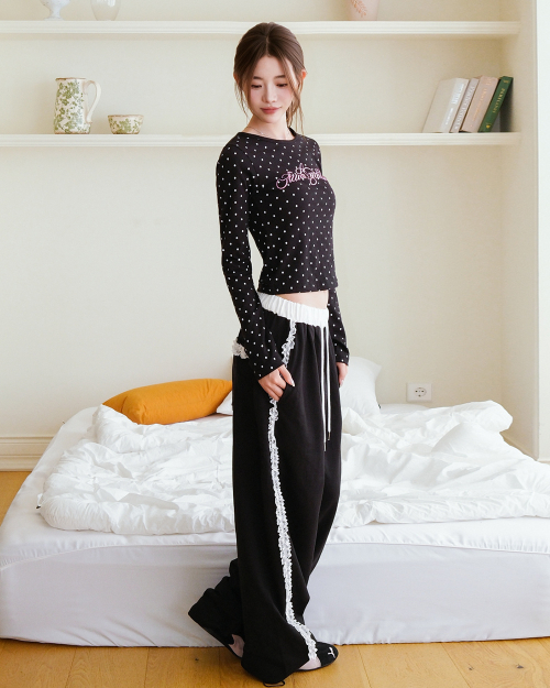 LACE BAND WIDE BANDING PANTS [BLACK]