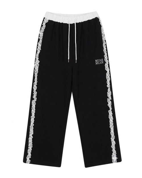 LACE BAND WIDE BANDING PANTS [BLACK]