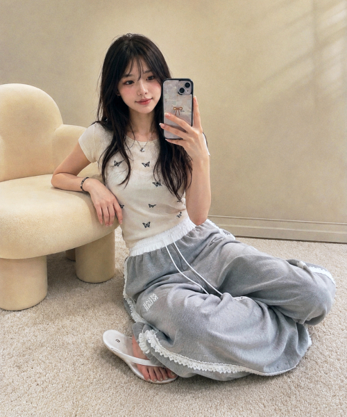 LACE BAND WIDE BANDING PANTS [GRAY]