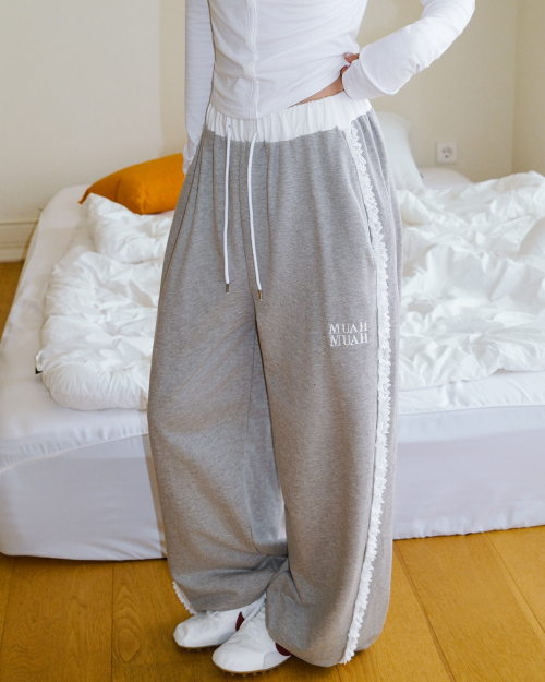 LACE BAND WIDE BANDING PANTS [GRAY]
