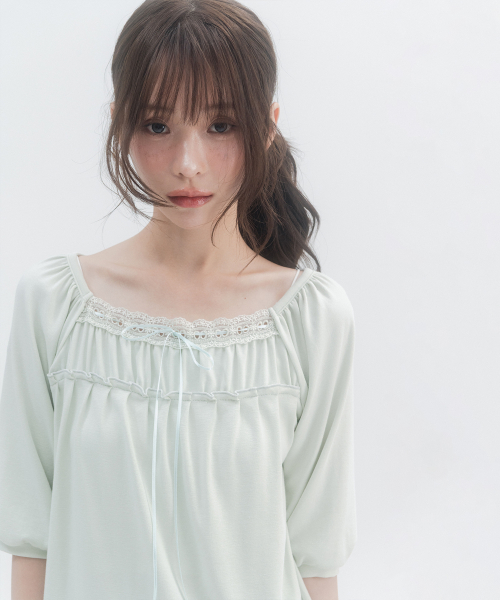 3/4 Lace Shirred Sleeve_Mint