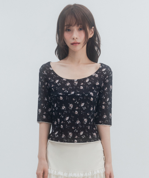 7부 레이스 플라워 티셔츠_블랙