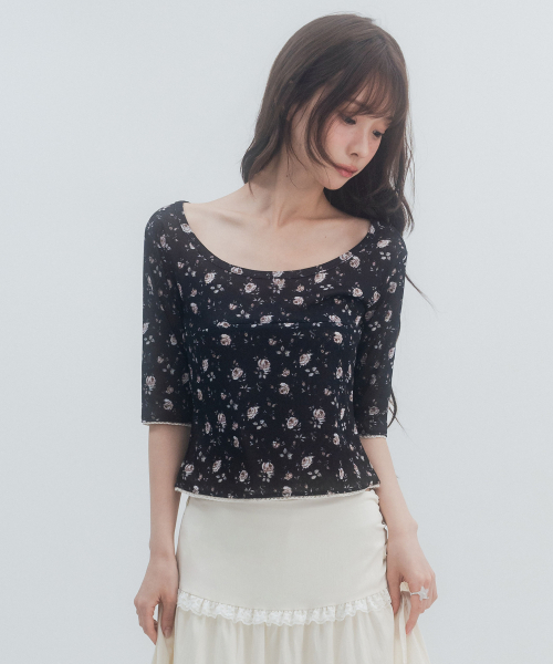 7부 레이스 플라워 티셔츠_블랙