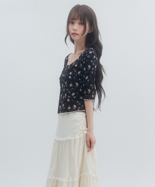 7부 레이스 플라워 티셔츠_블랙