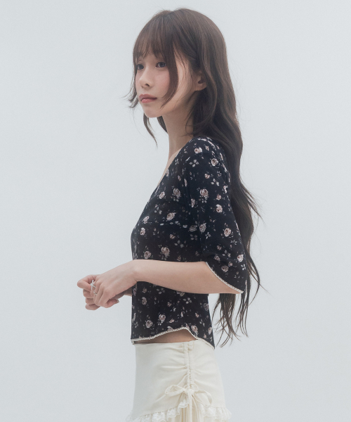 7부 레이스 플라워 티셔츠_블랙