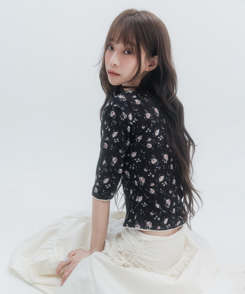 7부 레이스 플라워 티셔츠_블랙