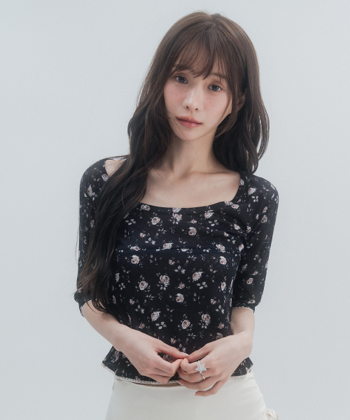 7부 레이스 플라워 티셔츠_블랙
