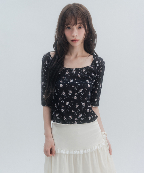 7부 레이스 플라워 티셔츠_블랙