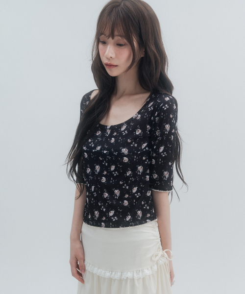 7부 레이스 플라워 티셔츠_블랙