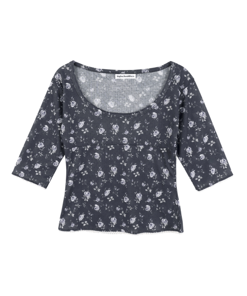 3/4 Sleeve Lace Floral T Shirt_Navy