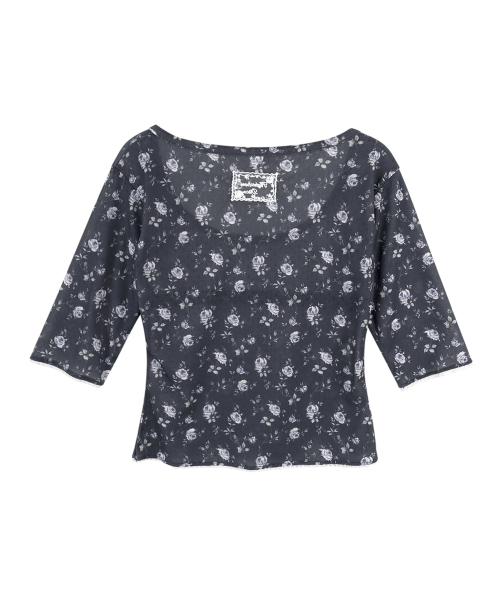 3/4 Sleeve Lace Floral T Shirt_Navy