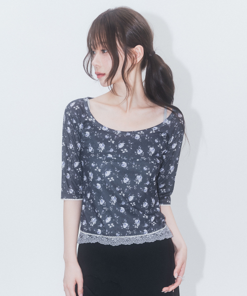 3/4 Sleeve Lace Floral T Shirt_Navy