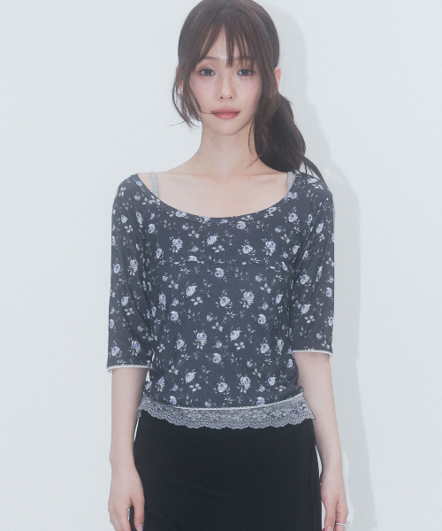 3/4 Sleeve Lace Floral T Shirt_Navy