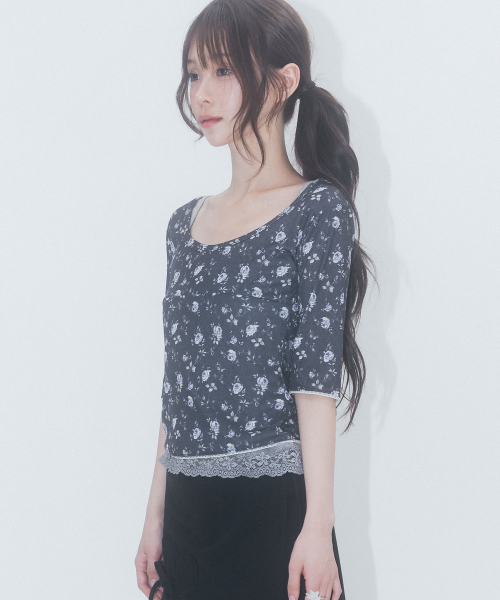3/4 Sleeve Lace Floral T Shirt_Navy