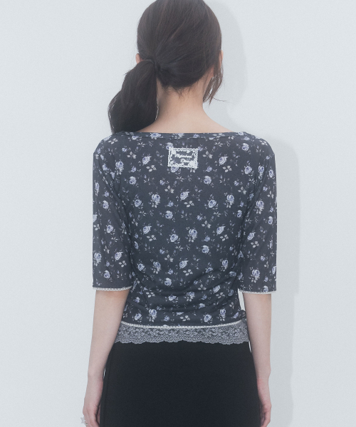 3/4 Sleeve Lace Floral T Shirt_Navy