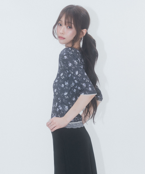 3/4 Sleeve Lace Floral T Shirt_Navy