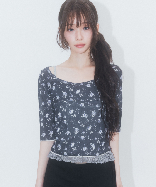 3/4 Sleeve Lace Floral T Shirt_Navy