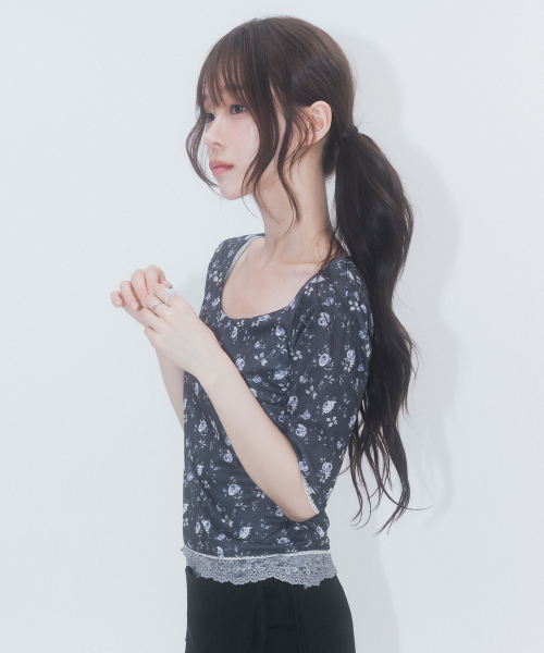 3/4 Sleeve Lace Floral T Shirt_Navy