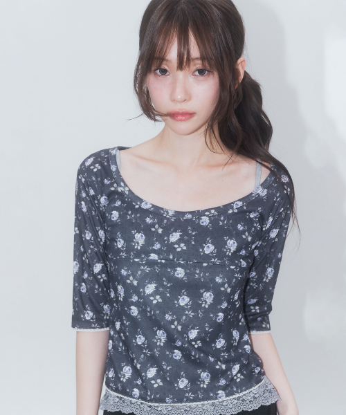 3/4 Sleeve Lace Floral T Shirt_Navy