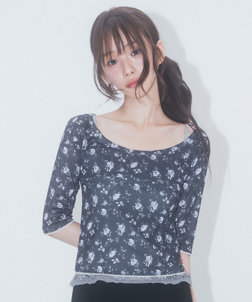 3/4 Sleeve Lace Floral T Shirt_Navy